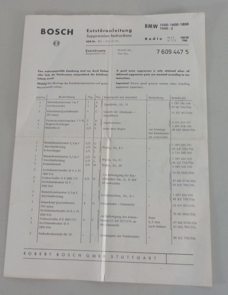 Entstöranleitung Bosch BMW 1500 / 1600 / 1800 / 1600-2