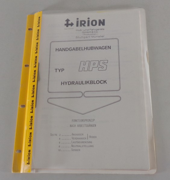Schulungsunterlage Irion Handgabelhubwagen HPS Hydraulikblock / TM 2000