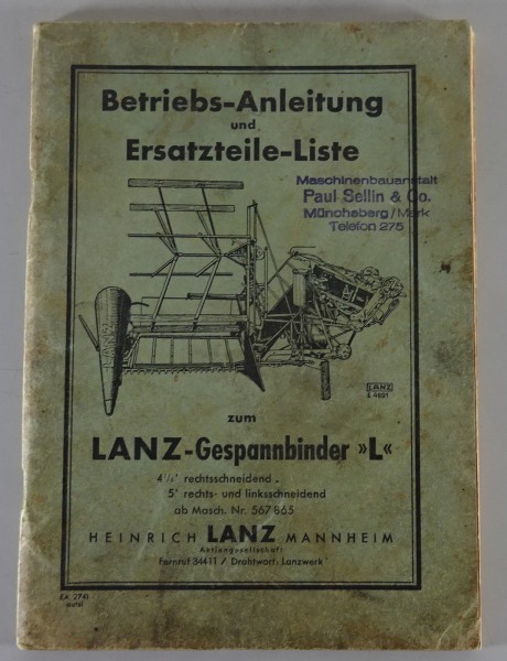 Betriebsanleitung / Teilekatalog Lanz Gespannbinder L links- / rechtsschneidend