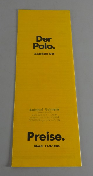 Preisliste VW Polo Coupe 86c Modelljahr 1985 Stand 09/1984