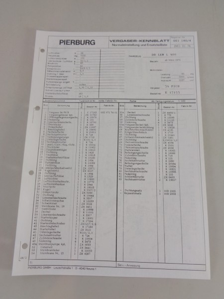 Kennblatt + Teilekatalog Pierburg Vergaser 34 PICB Mercedes T2 DüDo von 01/1976