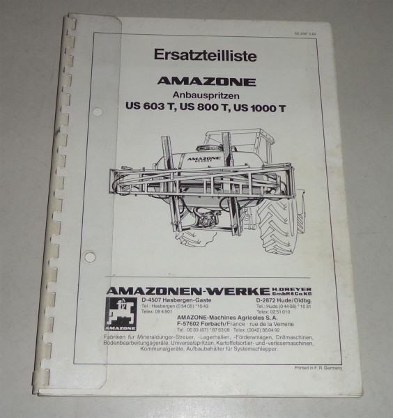 Teilekatalog Amazone Anbauspritze US 603 T / 800 T / 1000 T - Stand 02/1982