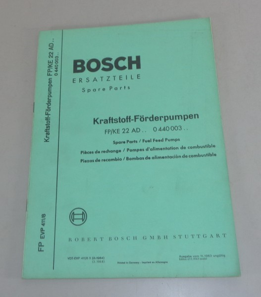 Teilekatalog Bosch Kraftstoff Förderpumpen FP/KE 22 AD.. 0 440 003.. von 03/1968