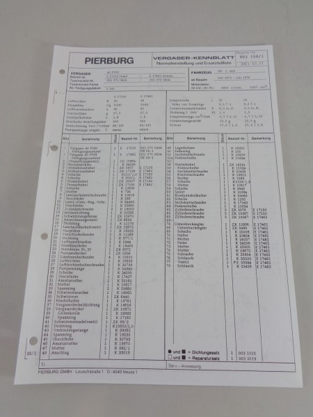 Kennblatt + Teilekatalog Pierburg Vergaser 40 PDSI Mercedes T2 DüDo Stand 1977