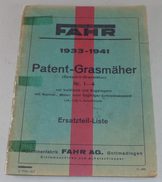 Teilekatalog Fahr Patent Grasmäher Nr. 1-4 Modelle 1933-1941