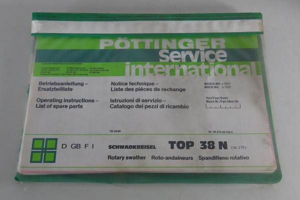 Ersatzteilliste / Betriebsanleitung Pöttinger Schwadkreisel TOP 38 N Stand 1989
