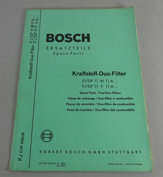 Teilekatalog Bosch Kraftstoff-Duo-Filter FJ/DF 11 W & F 11 A.. Stand 08/1966