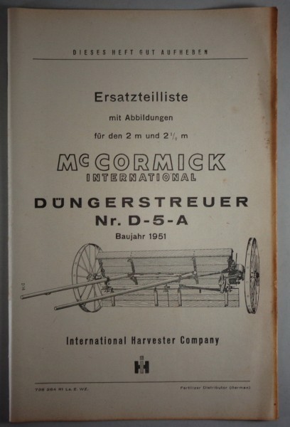 Teilekatalog McCormick International Düngerstreuer Nr. D-5-A Baujahr 1951