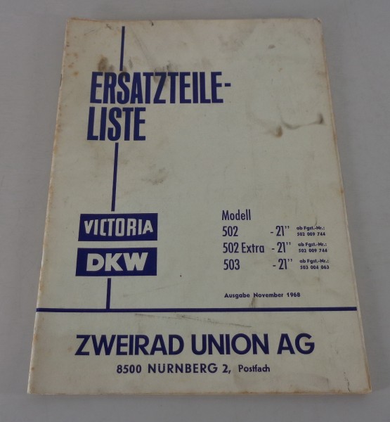 Teilekatalog Victoria / DKW Modell 502 / 502 Extra + 503 Stand 11/1968