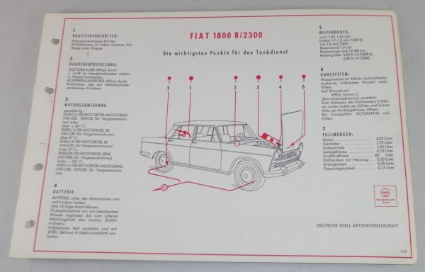 Shell Schmierplan für Fiat 1800 B / 2300 Stand 07/1962