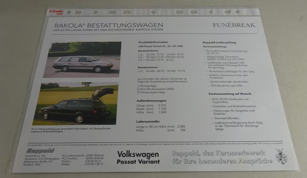Prospekt VW Passat B3 Variant Bestattungswagen von Rappold Stand 03/1993