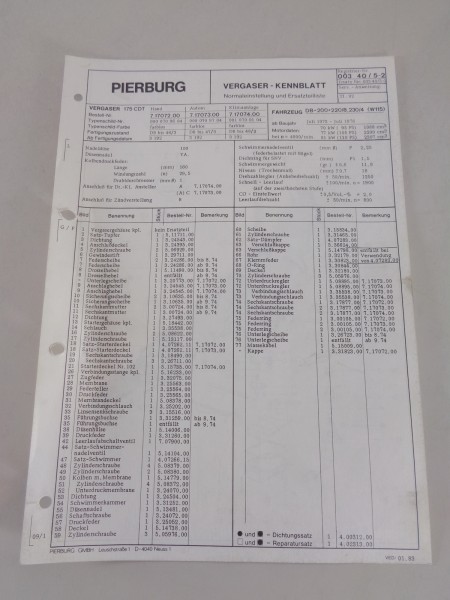 Kennblatt + Teilekatalog Pierburg Vergaser 175 CDT Mercedes 200 220/8 230/4 '83