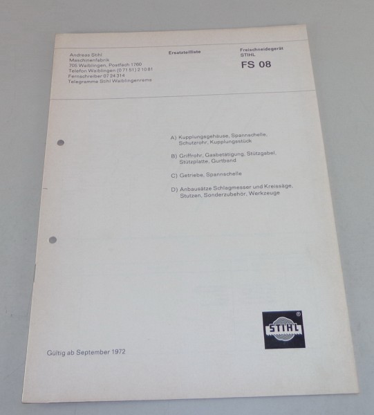 Teilekatalog Stihl Freischneidegerät FS 08 Stand 09/1972