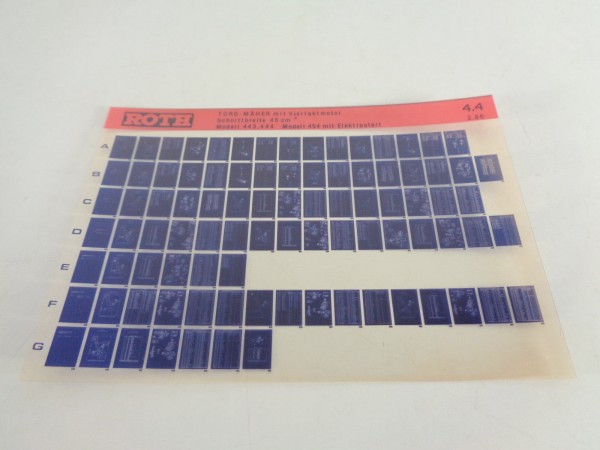 Microfich Teilekatalog Roth Toro Mäher Modelle 443, 444, 454 von 02/1986