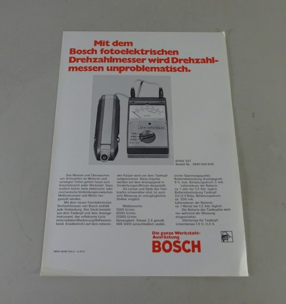 Prospektblatt / Broschüre Bosch fotoelektrischer Drehzahlmesser Stand 11/1970