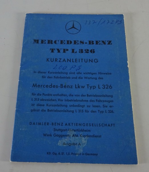 Kurzanleitung / Handbuch Mercedes-Benz LKW L 326 Stand 06/1957
