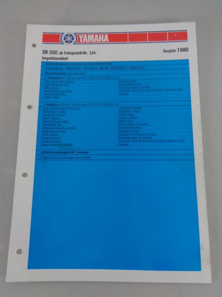 Inspektionsblatt Yamaha SR 500 Typ 2J4 Baujahr 1980