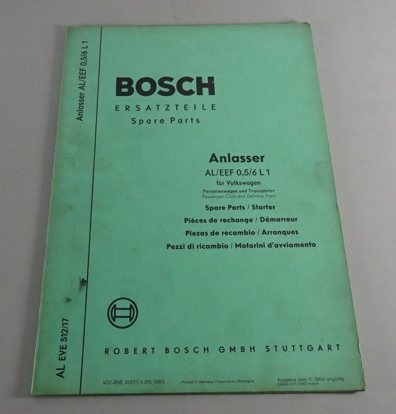 Teilekatalog Bosch Anlasser AL/EEF 0,5/6 L1 für Volkswagen Stand 10/1961