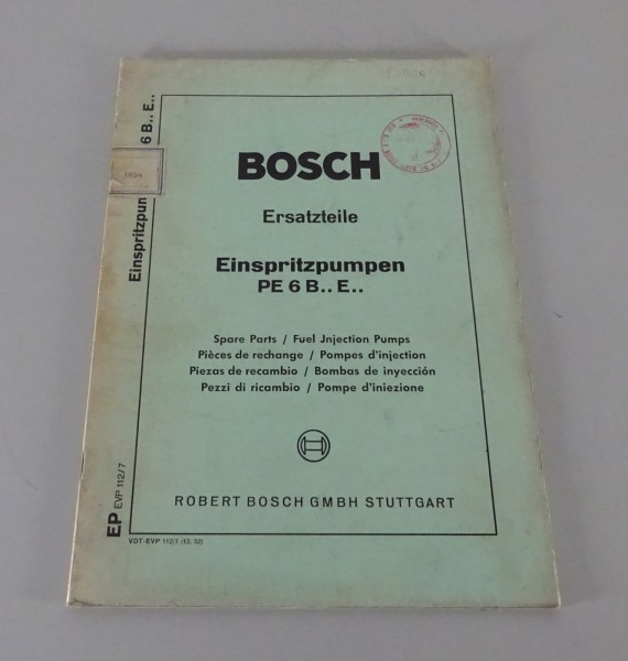 Teilekatalog / Ersatzteilliste Bosch Einspritzpumpen PE 6 B.. E.. Stand 12/1952