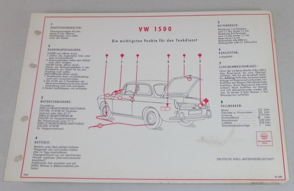 Shell Schmierplan für VW 1500 Typ 3 Stand 12/1961