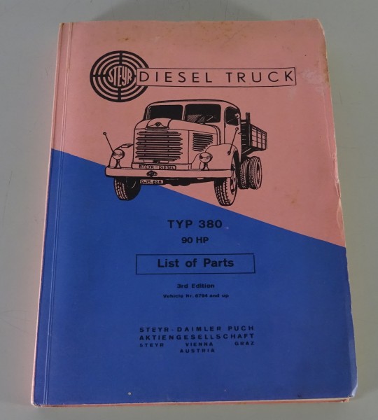 Spare Parts List / Catalog Steyr - Diesel - Truck Typ 380 - 90 HP Stand 09/1954