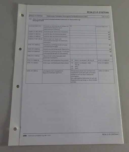Schaltplan Mercedes-Benz W204 Dachbedieneinheit (DBE) | Typ 204 | Stand 12/2010