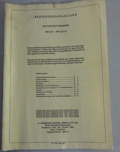 Betriebsanleitung / Handbuch Niemeyer Rotor-Zettwender HR 521 / 521-D 08/1988