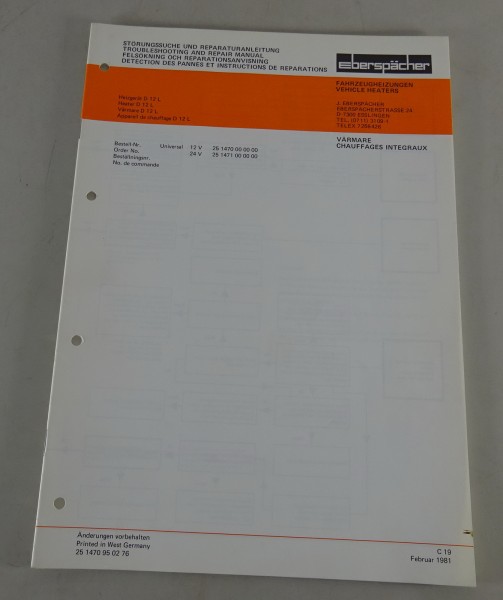 Reparaturanleitung/Störungssuche Eberspächer Heizgerät D12L Stand 02/1981