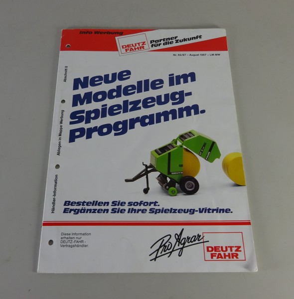 Prospekt / Broschüre Deutz Fahr Spielzeug-Programm Stand 08/1987