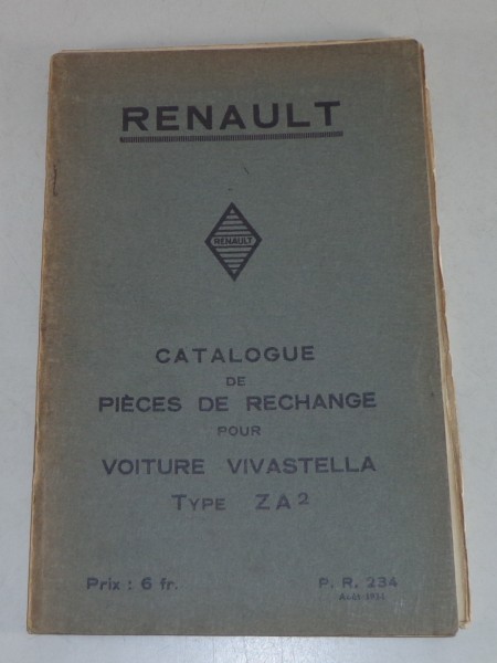 Teilekatalog Renault Voiture Vivastella Typ ZA2 Stand 1934