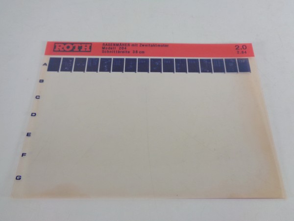 Microfich Teilekatalog Roth Rasenmäher mit Zweitaktmotor Modell 204 von 02/1984
