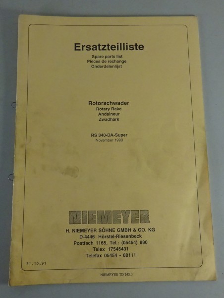 Teilekatalog / Spare Part List Niemeyer Rotorschwader RS 340-DA-Super ab 11/1990