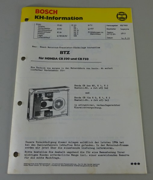 Technische Information Bosch Kotaktlose Zündung für Honda CB 500 / CB 750 | 1977