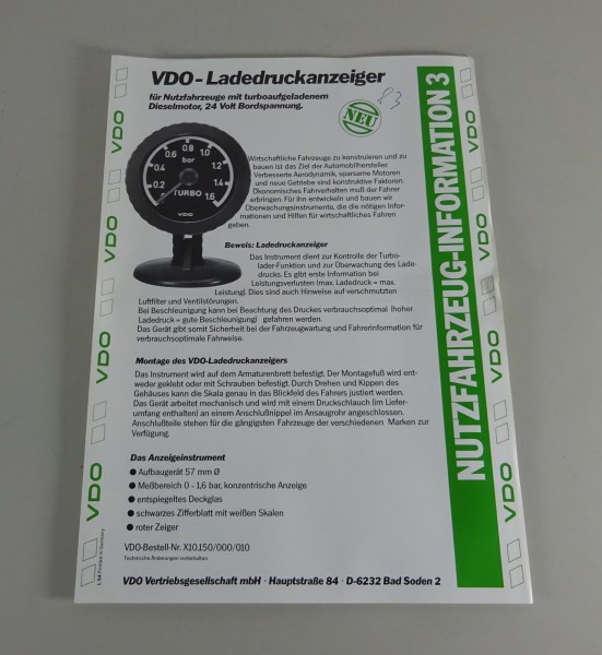 Prospekt / Broschüre VDO Ladedruckanzeige Stand ca. 1983