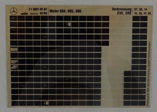 Microfich Teilekatalog Mercedes M 604 / 605 / 606 Verbrennung EVE / ERE 02/1998