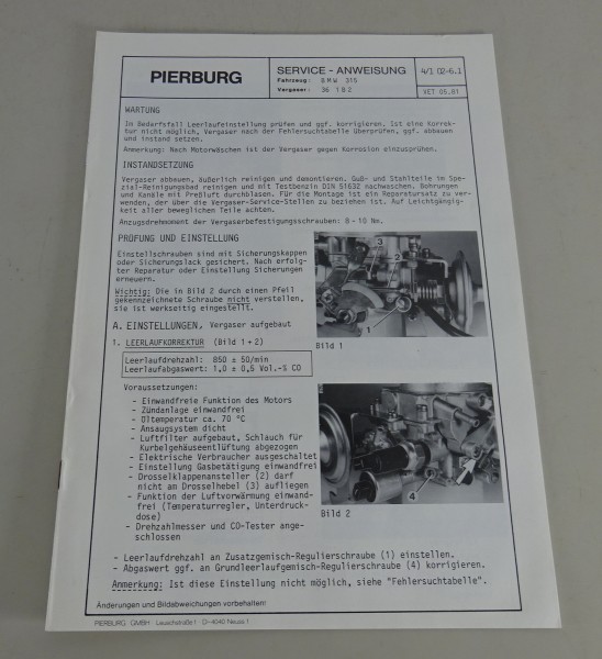 Handbuch Pierburg Vergaser 36 1B2 in BMW E21 315 Stand 05/1981