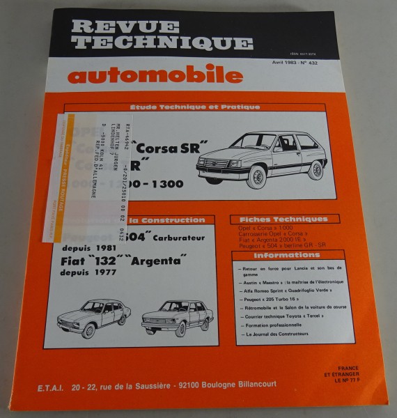 Reparaturanleitung Revue Technique Opel Corsa A / Peugeot 504 Stand 04/1983