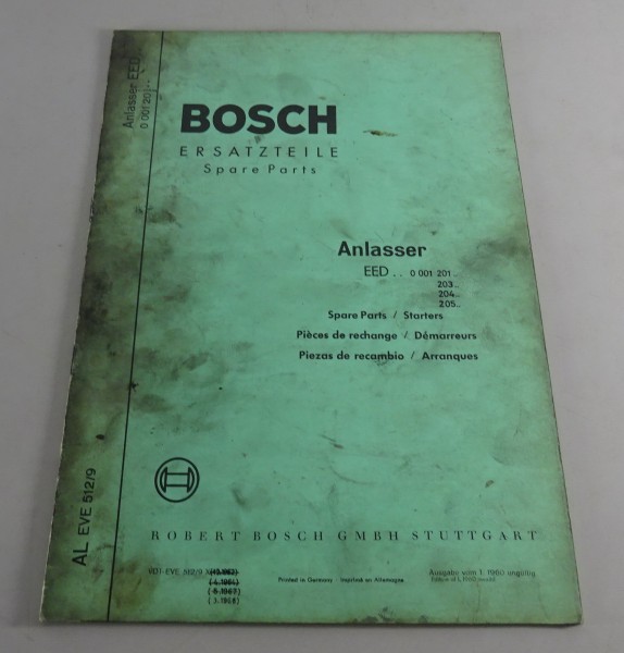 Teilekatalog Bosch Anlasser EED.. 0 001 201.. / 203.. / 204.. / 205.. von 3/1968