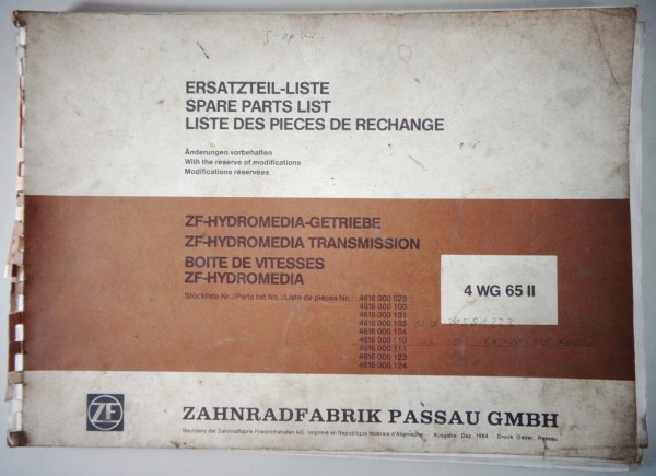 Teilekatalog / Spare parts list ZF Hydromedia Getriebe 4 WG 65 II Stand 12/1984