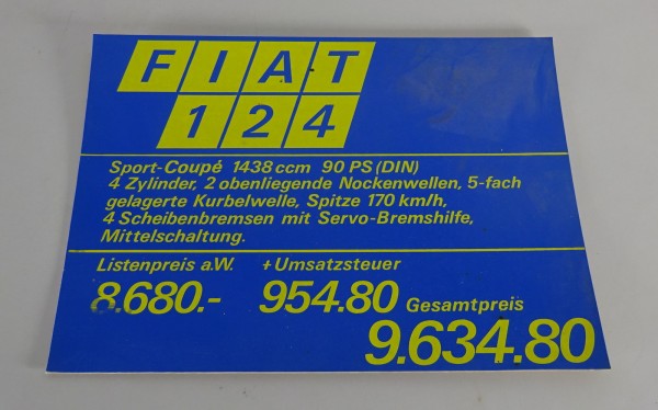 Preisschild Fiat Händler für Fiat 124 Sport-Coupé von ca. 1968