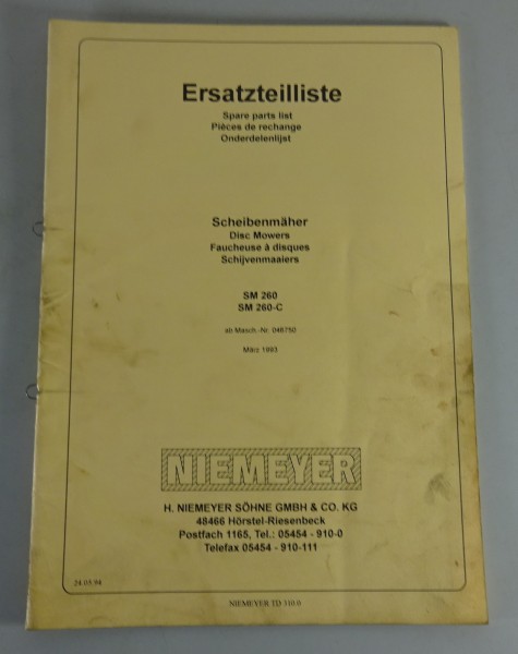 Teilekatalog / Spare Parts List Niemeyer Scheibenmäher SM 260 / -C ab 03/1993