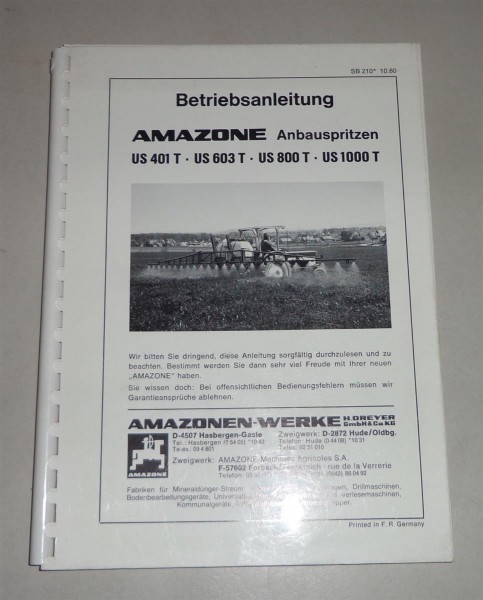 Betriebsanleitung Amazone Anbauspritze US 401T / 603T / 800T / 1000T - 10/1980