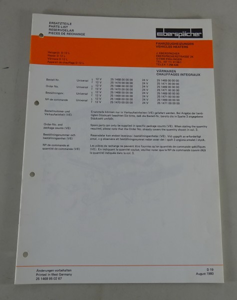 Teilekatalog / Ersatzteilliste Eberspächer Heizgeräte D12L Stand 08/1980
