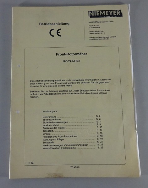 Betriebsanleitung / Handbuch Niemeyer Front-Rotormäher RO 275-FB II von 10/2000