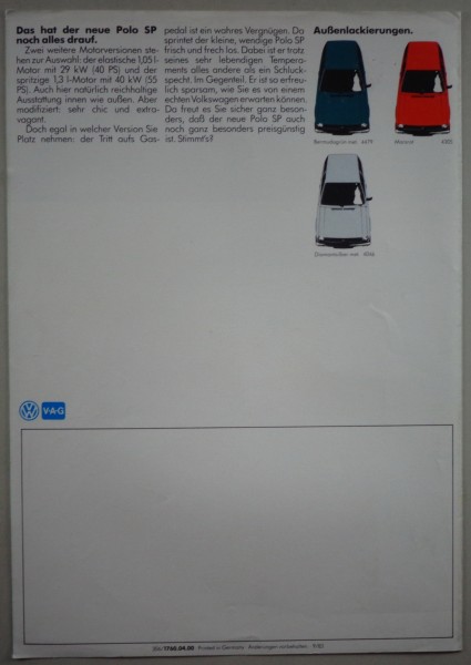 Prospekt/Broschüre VW Polo II Typ 86C Sondermodell SP Stand 09/1983