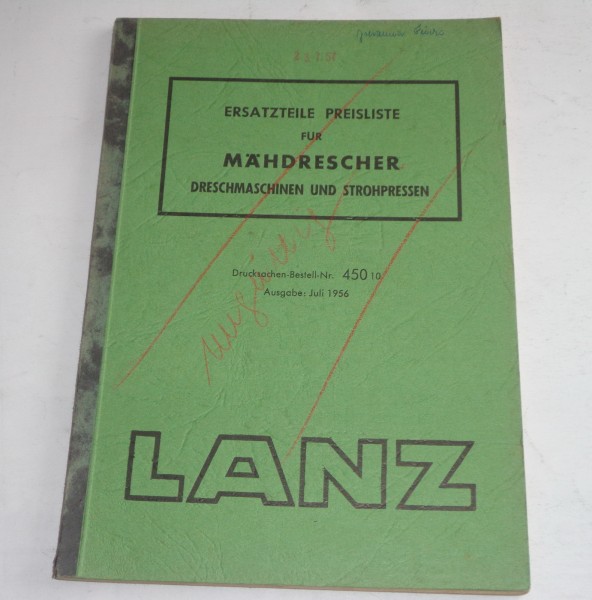 Preisliste Ersatzteile Lanz Mähdrescher Drehmaschine / Strohpresse - 07/1956