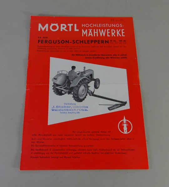 Prospektblatt Mörtel Mähwerk / Mähbalken für MF 65 / FE 35 Stand 04/1959