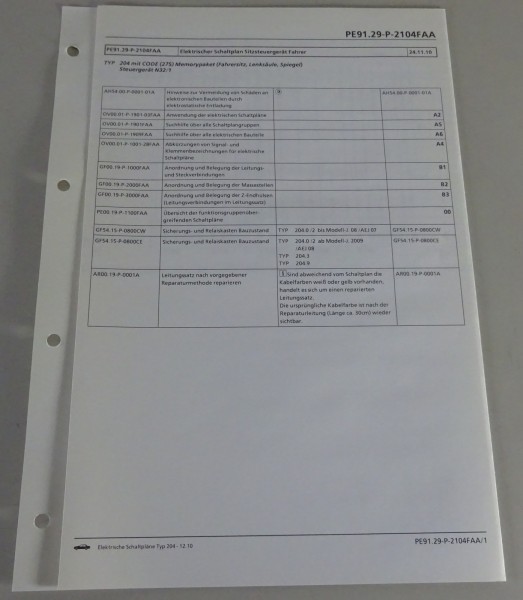 Schaltplan Mercedes-Benz W204 Sitzsteuergerät Fahrer | Typ 204 | Stand 12/2010