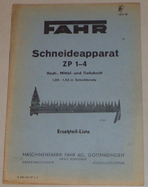 Teilekatalog Fahr Schneideapparat ZP 1-4 Hoch-, Mittel- und Tiefschnitt