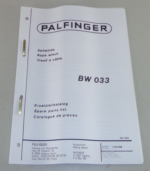 Teilekatalog / Spare Parts List Palfinger Seilwinde BW 033 Stand 03/1988